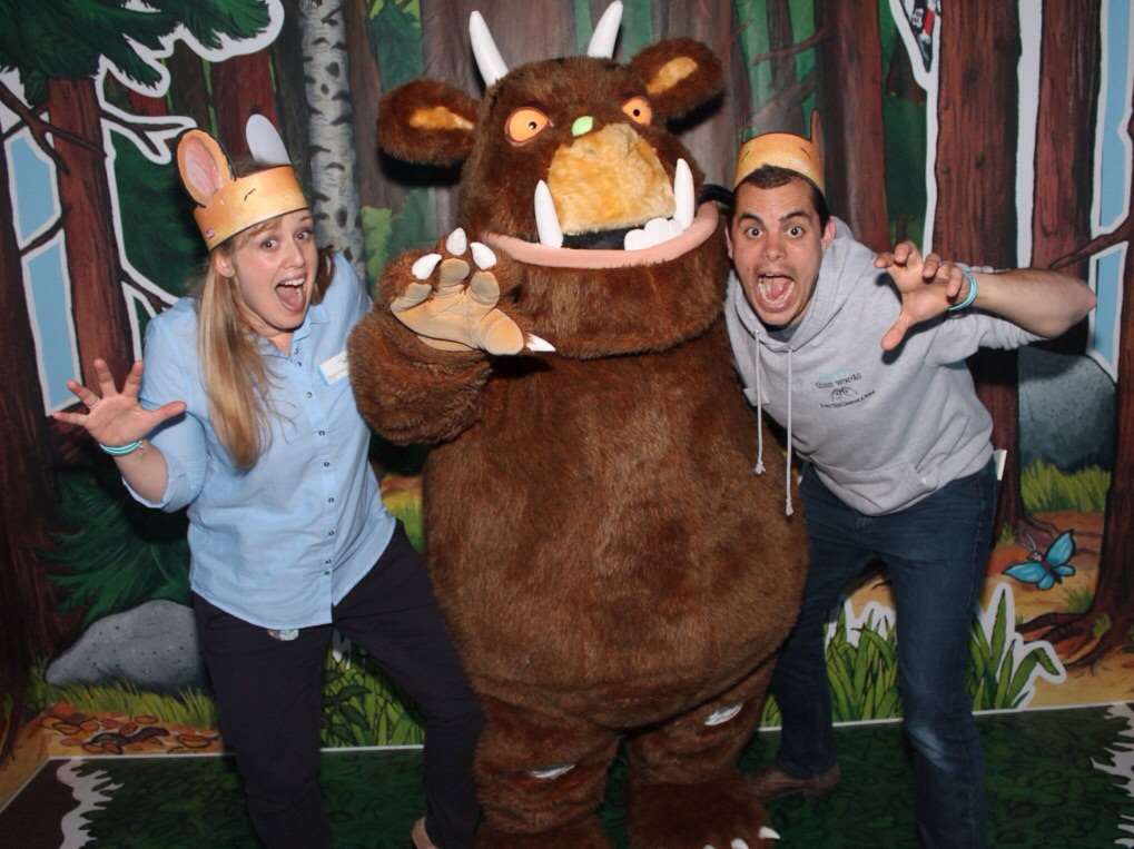 Paul and Hannah Hughes, founders of the More than Words charity, with the Gruffalo