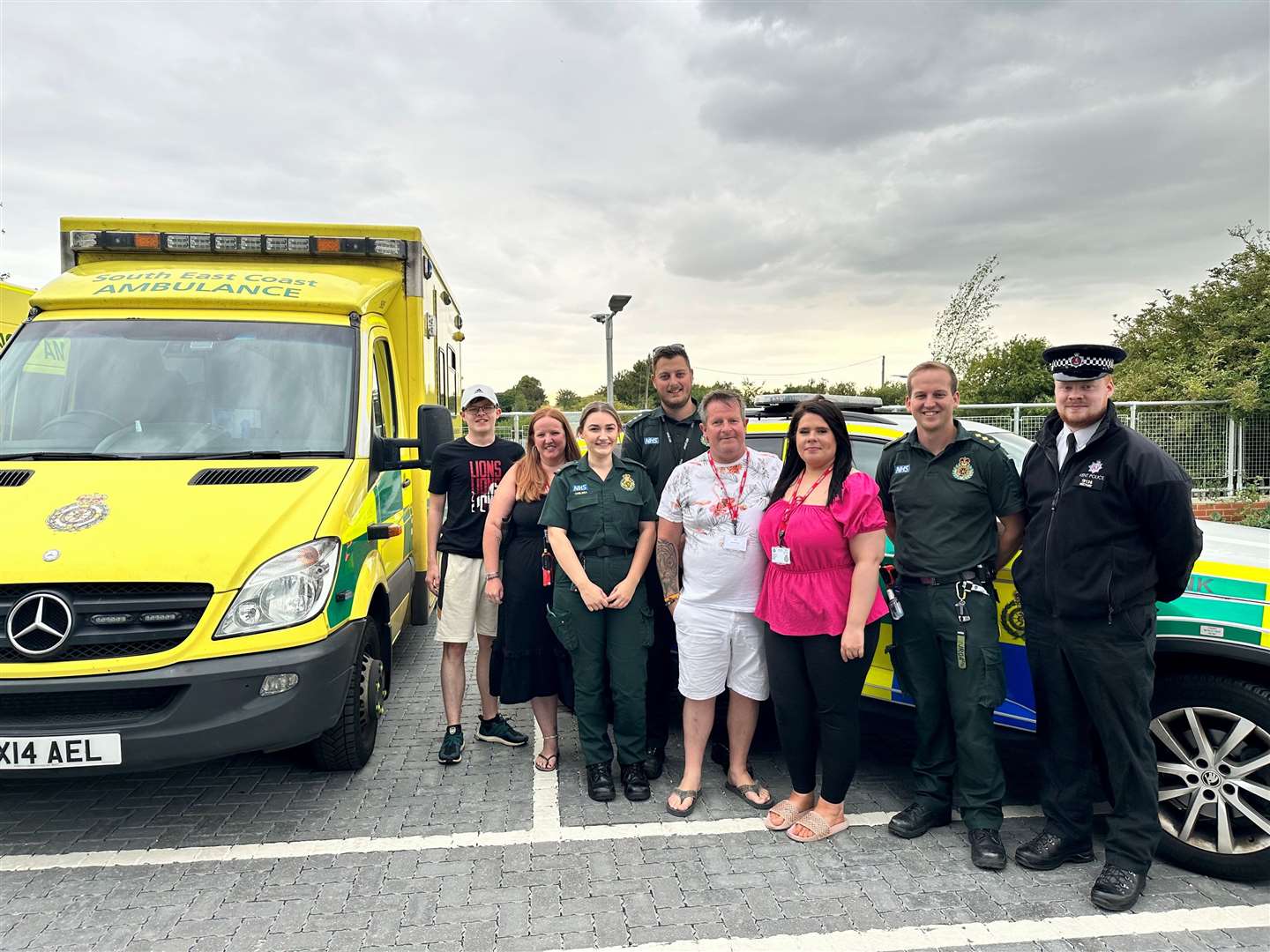 Dean Upton and his family were reunited with emergency service members who saved his life. Picture: SECAmb
