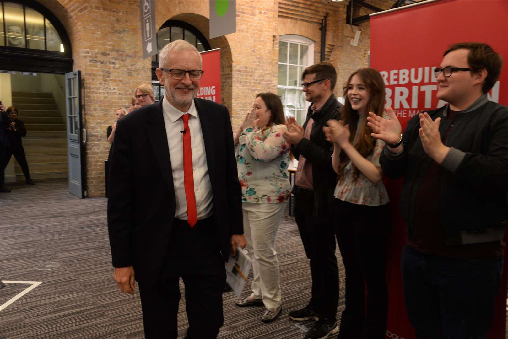 Jeremy Corbyn arrives in The Drill Hall Library at the University of Kent Medway Campus to launch the Labour manifesto ahead of the European elections. Picture: Chris Davey