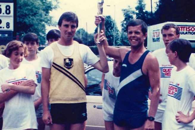 Ivor Groves, front left, carried the Queen’s Baton before the 1986 Commonwealth Games