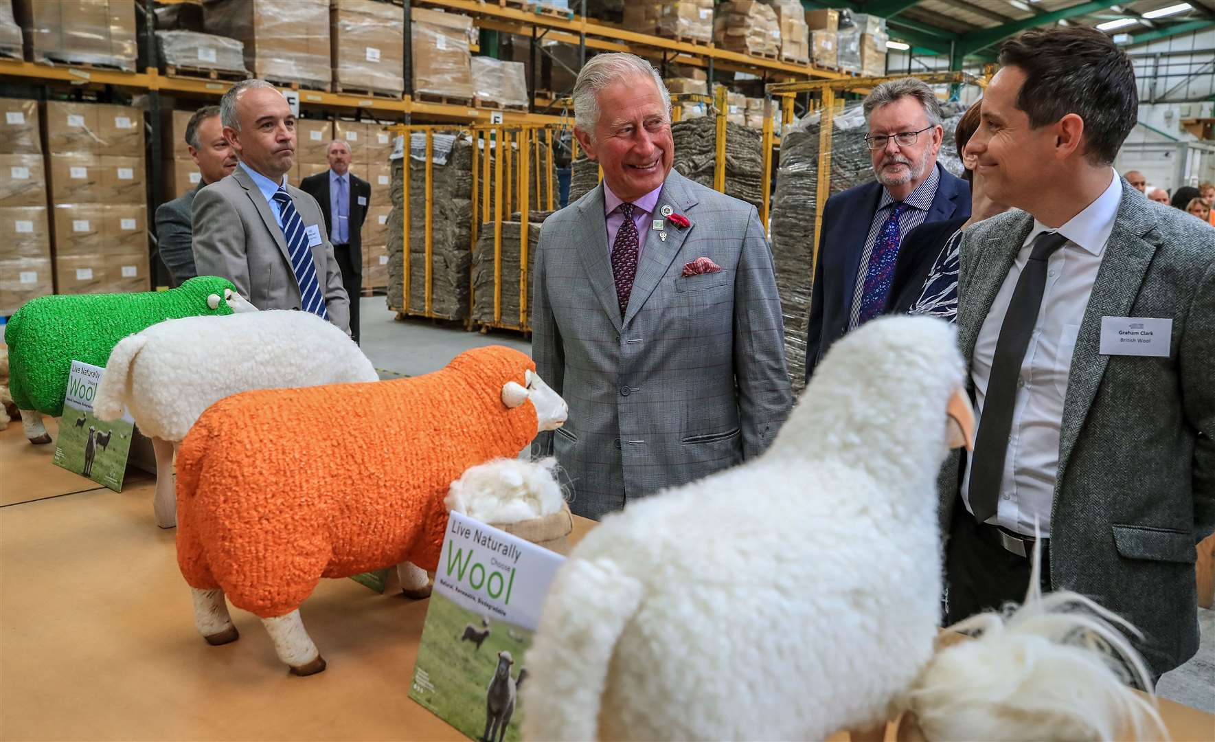 Charles on a visit to Woolcool in Stone, Staffordshire, to learn how they use sheep’s wool to create alternative sustainable packaging for food and medicine in 2019 (Peter Byrne/PA)