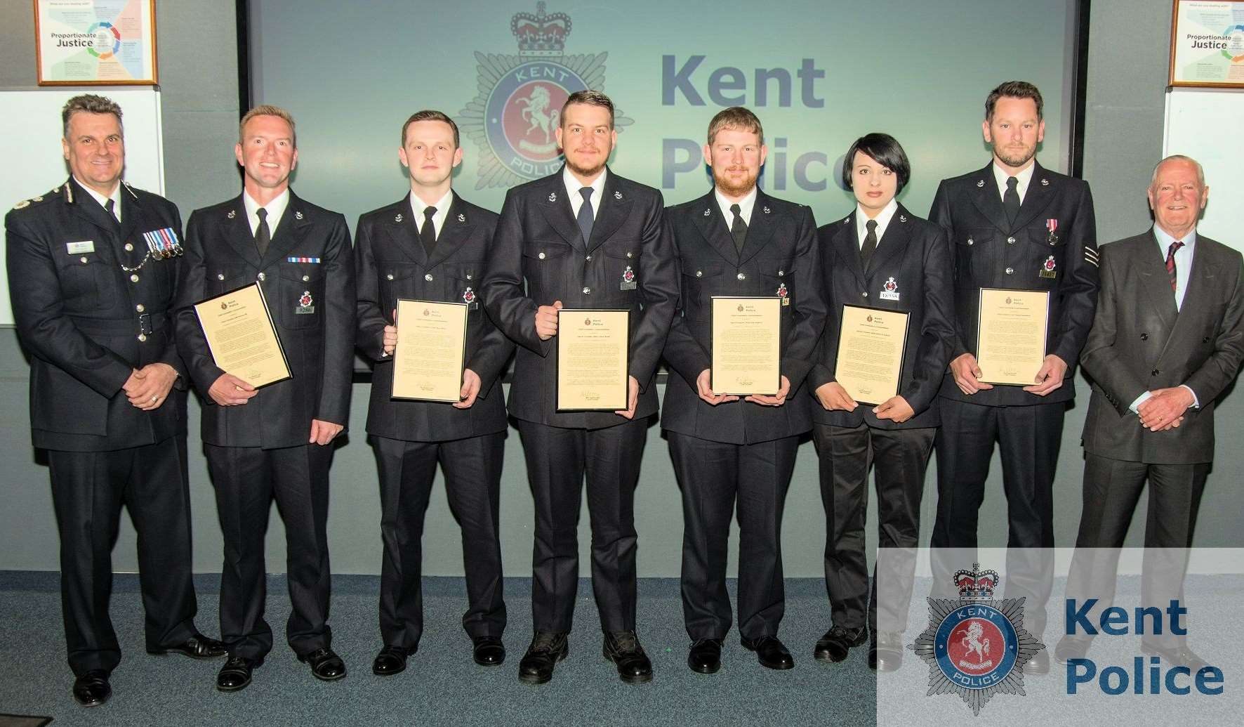 Some of the team who responded to an incident at the Bracton Centre, Dartford, with Chief Constable of Kent Police Alan Pughsley, far left, and Mike Hill, chairman of the Kent Police and Crime Panel, far right. Picture: Kent Police