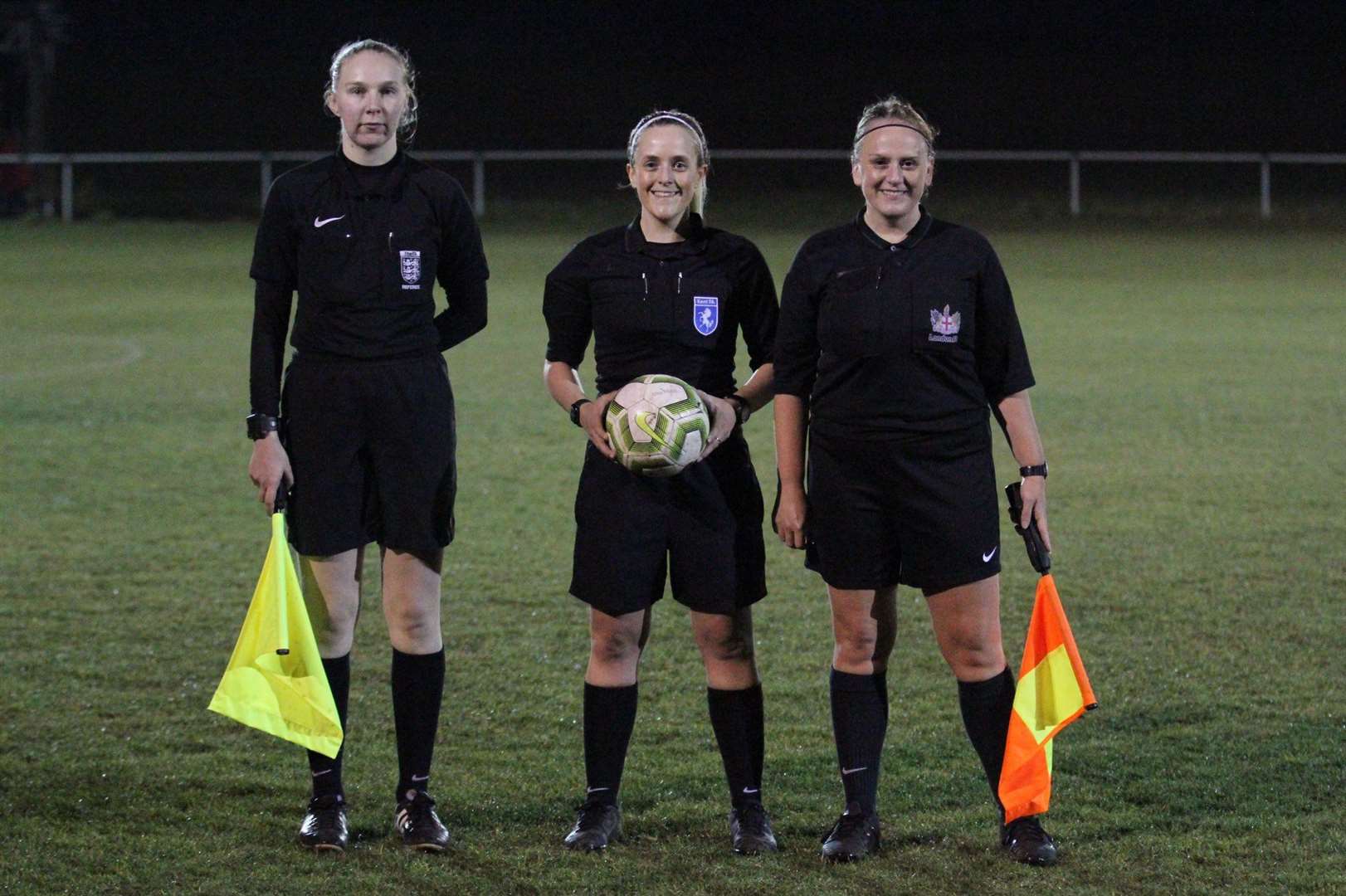 Referee Beth Archer with assistants Alison Wade and Esther Perry - the first all-female officiating team in the Southern Counties East League. Picture: Brian Page