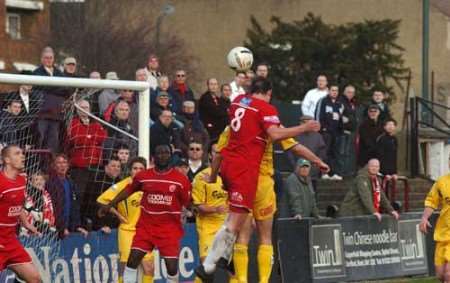 GOALMOUTH ACTION: Danny Kedwell gets up to head at goal. Picture: NICK JOHNSON