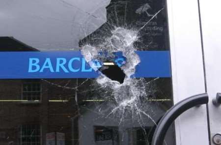 The damaged entrance to the bank. Pictures: MARY GRAHAM