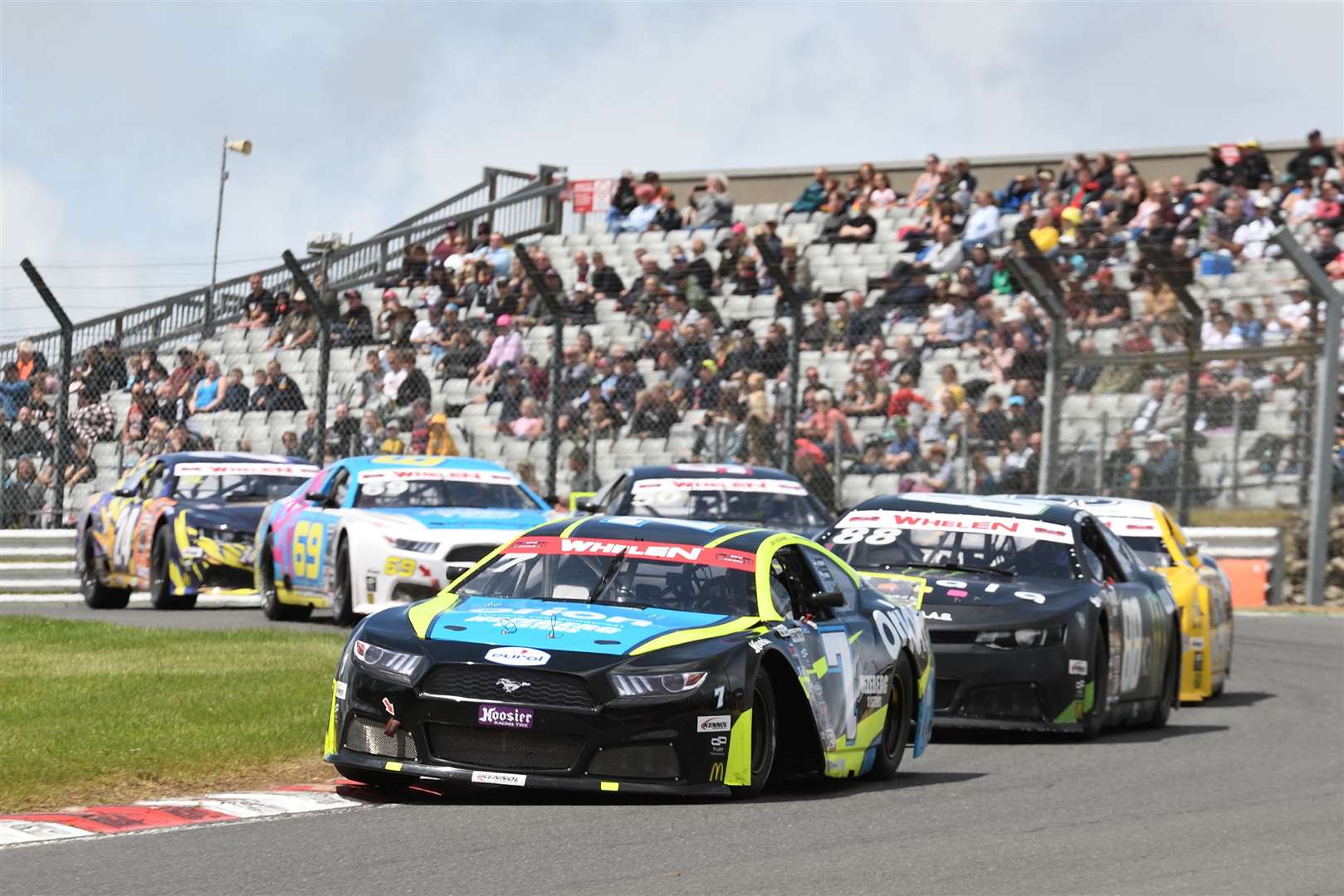 Championship leader Loris Hezemans (7) won the second NASCAR Whelen Euro Series Pro race, with Alon Day (88) winning the first race. Picture: Simon Hildrew