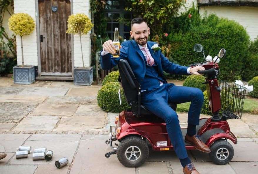 Bill Eastwood, who was injured in a crash on the A20, married seven weeks later while on a mobility scooter. Photo: Bill Eastwood