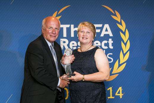 FA Chairman Greg Dyke with Eythorne Rovers volunteer Jackie Smith who won an award for standing up to thugs at a children's football match