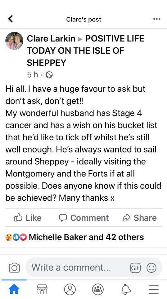 Clare Larkin's Facebook appeal for her husband Andy to see the Second World War Maunsell sea forts