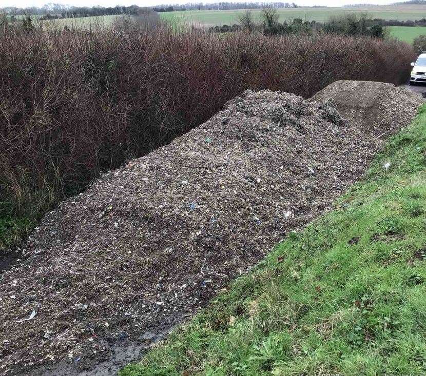 A pile of dirt and stones has been fly-tipped in South Darenth, Dean Bottom in South Darenth. Photo credit: Kent Highways