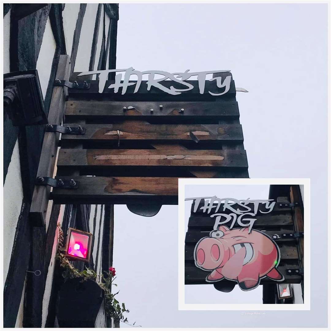 The sign before and after Storm Eunice. Picture: Ye Olde Thirsty Pig