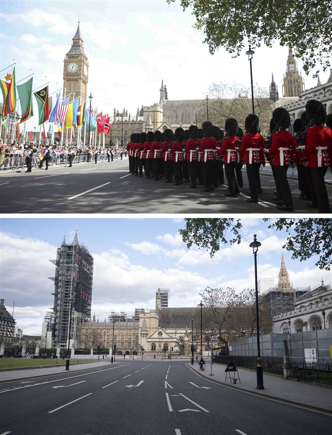 Guardsmen of the Scots Guards march during the 2015 parade, and quieter scenes in the capital (PA)