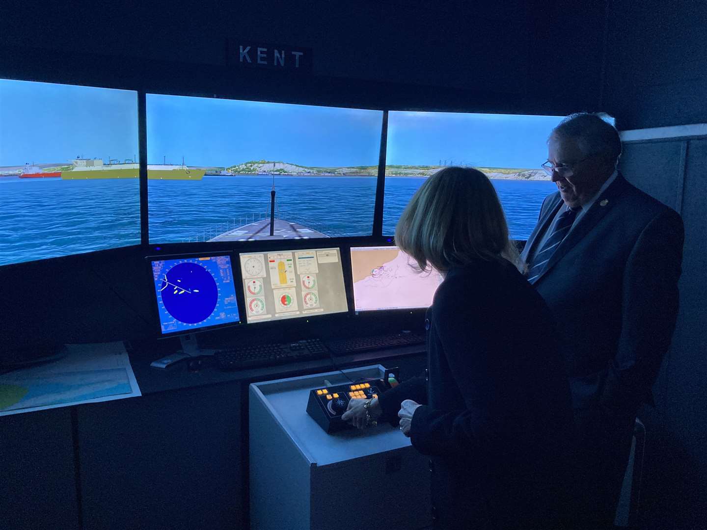 Lord Lieutenant of Kent Lady Colgrain tries out the ship simulator at Sheppey Sea Cadets' headquarters at Barton's Point, Sheerness, after the presentation of The Queen's Award for Voluntary Service