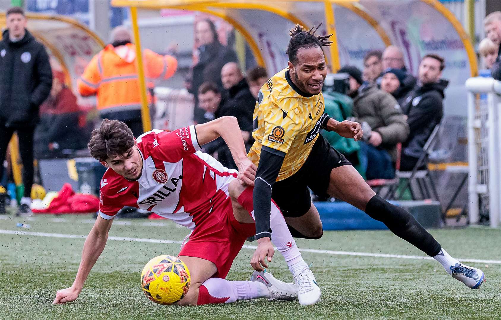 Lamar Reynolds in the thick of the action during Maidstone’s FA Cup win over Stevenage. Picture: Helen Cooper