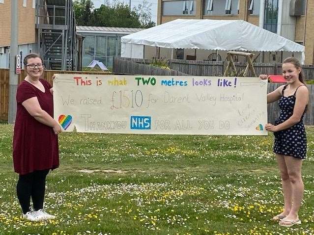 Ellen and Samantha standing two metres apart while celebrating their NHS fundraising success outside Darent Valley Hospital's well-being tent