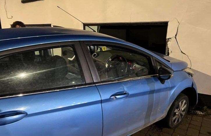 A blue Ford Fiesta crashed into the building in December 2022. Picture: Newington History Group