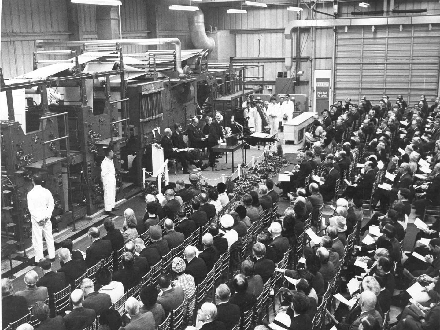 Opening ceremony of the KM press at Larkfield by The Rt Hon Edward Heath in January 1970, with Mr H R P Boorman and Edwin Boorman looking on
