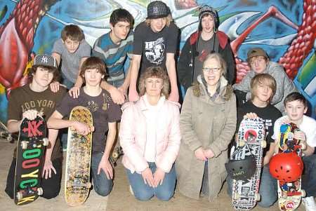 Parent volunteer helpers Kathy Holmes and Katie Terry with some of the young skaters. Picture: VERNON STRATFORD