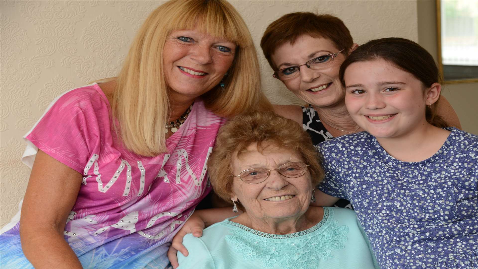 Maria Ranson who was a victim of rouge traders, celebrating her 89th birthday with her daughters, Christine Mitchell, Susan Butler and granddaughter Olivia Douse