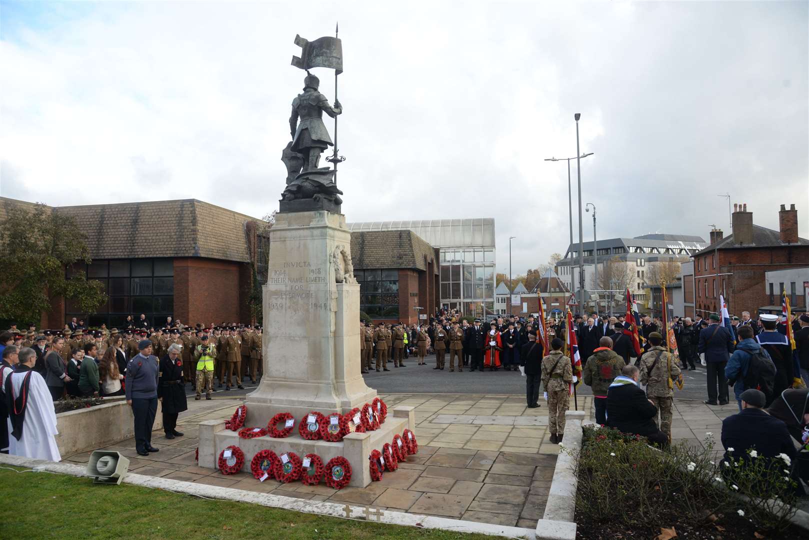 The scene around the war memorial for the Remembrance Sunday service, Maidstone. Picture: Chris Davey