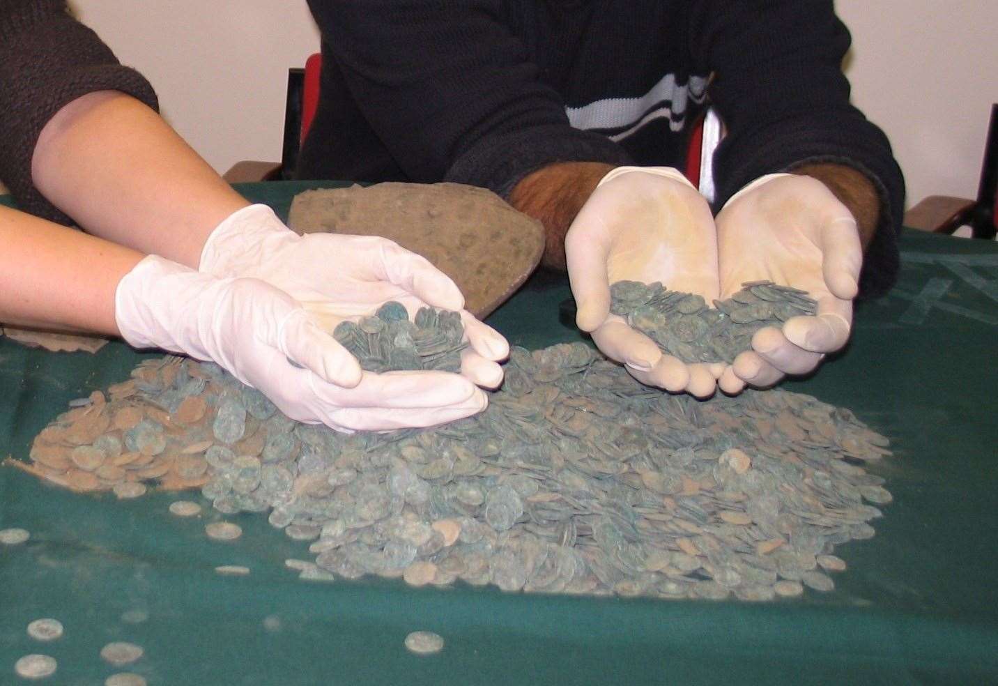The Roman hoard of 3,600 bronze coins was held at County Hall, Maidstone, after it was uncovered at site in Medway Valley in 2006. Supplied by KCC