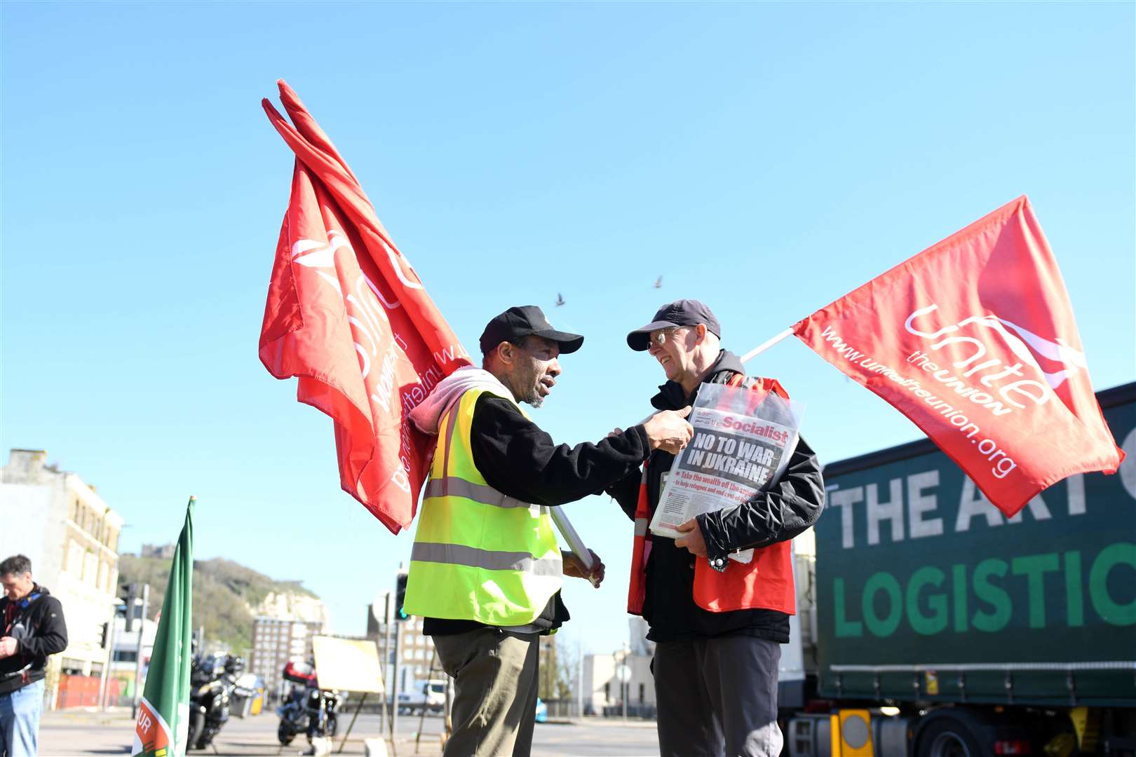 Trade union members march in support of the 800 sacked P&O ferry workers, from Maritime House in Dover to the entrance to the Port of Dover..Picture: Barry Goodwin. (55546839)