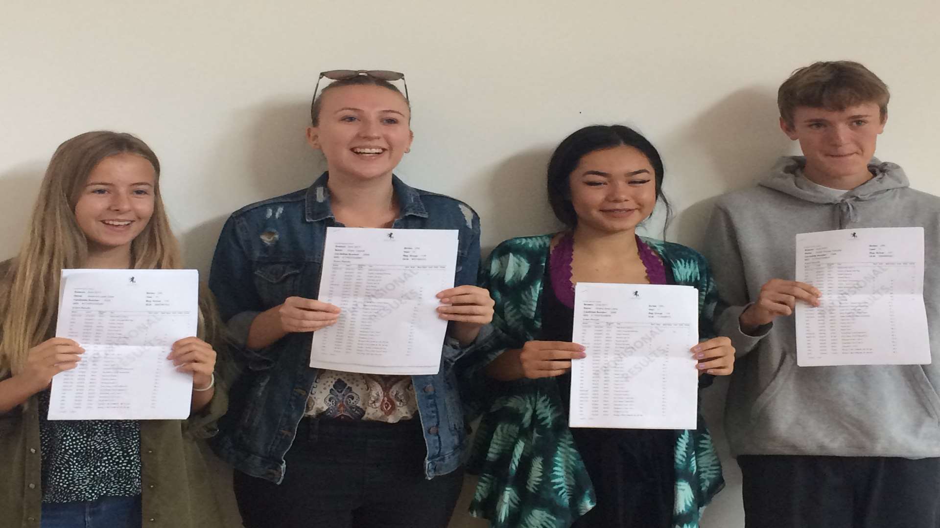 Students from Valley Park pick up their results: Jessica Crow, Chloe Leipnik, Onisha Lama and Adam Tweedie