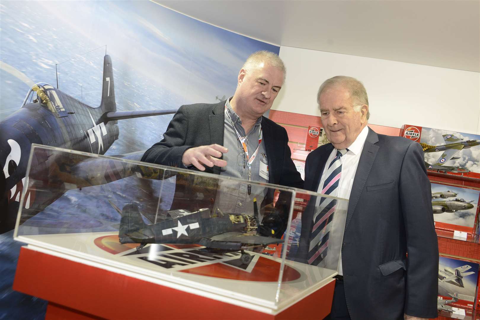 Hornby chief executive Lyndon Davies, left, says the company has a bright future after slashing its losses. Thanet North MP Sir Roger Gale views the Hellcat model at the reopening of Hornby's offices in Margate earlier this year. Picture: Paul Amos. (7279902)