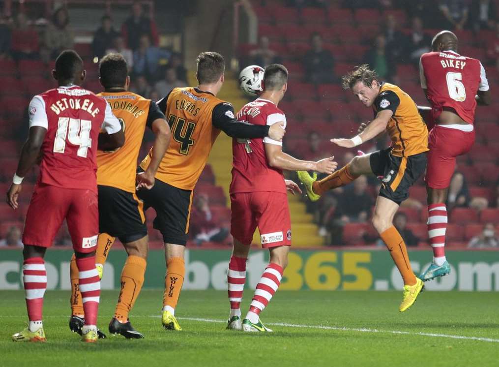 Andre Bikey heads Charlton in front against Wolves. Picture: Martin Apps