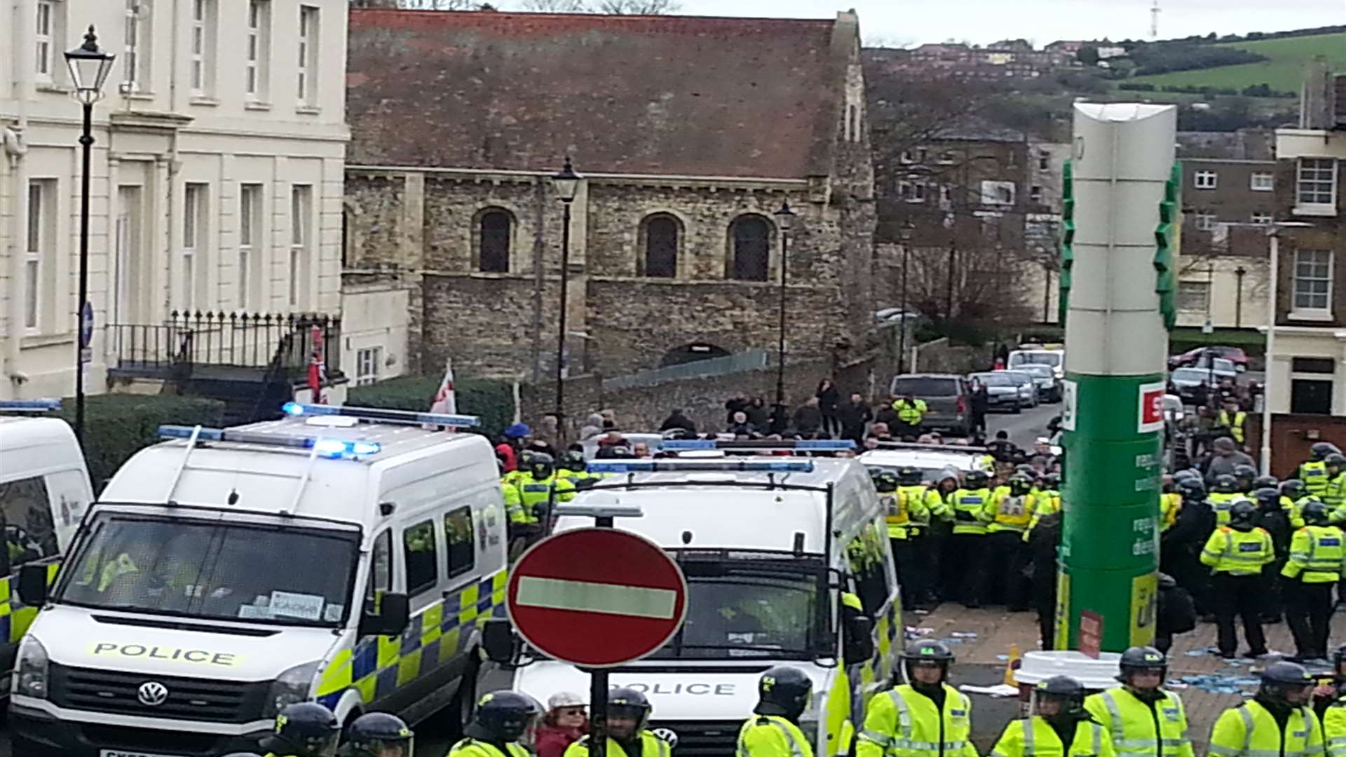 Police at the Dover protests that led to rioting on January 30.
