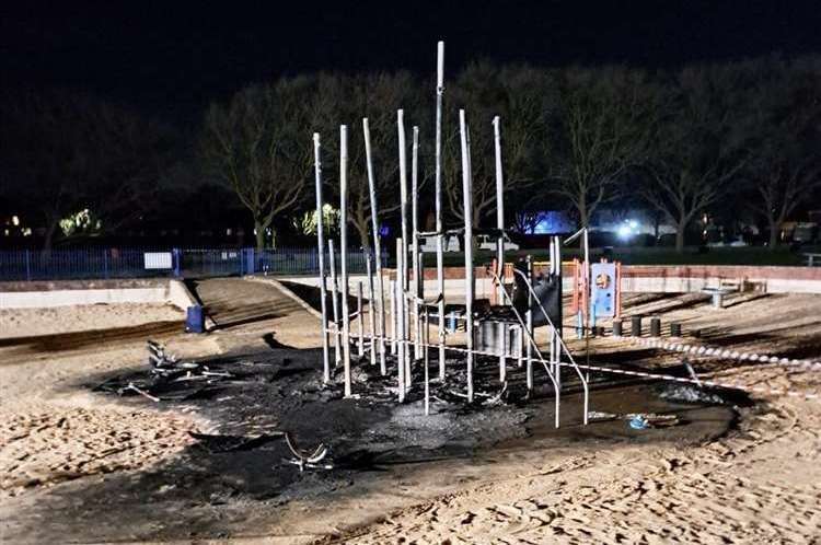 What was left at the Beachfields play area after the arson attack in December