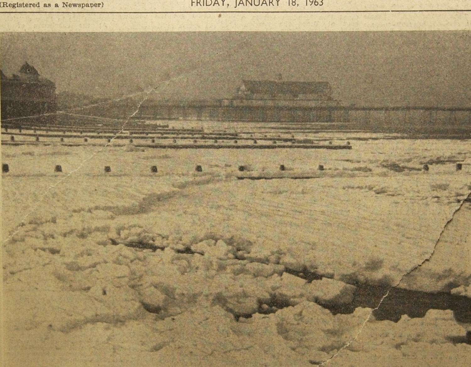 A newspaper clipping shows the frozen sea at Herne Bay in January 1963. Picture: Derek Stingemore
