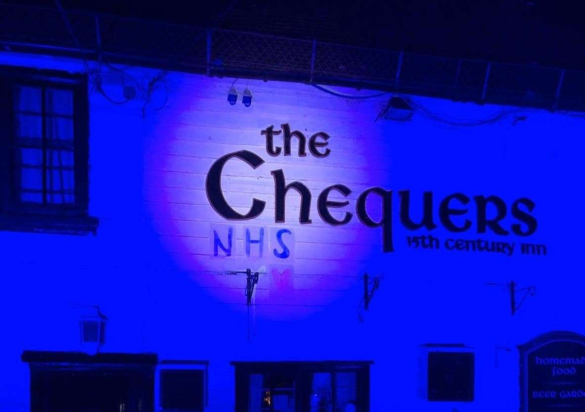The Chequers Inn at Laddingford lit up in blue to honour the NHS during the Covid-19 pandemic
