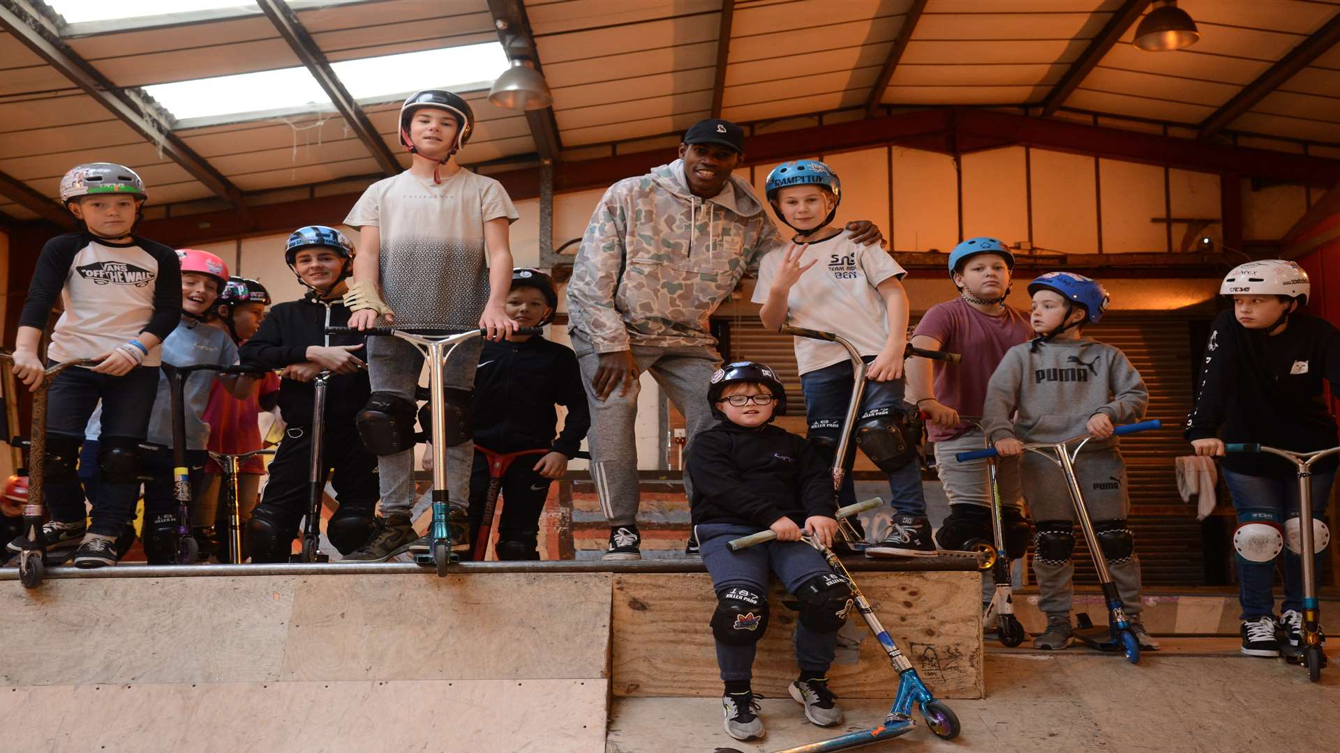 Nathanael West with some of the scooterists Unit 1b, Rochester Airport Industrial Estate Indoor Skate park
