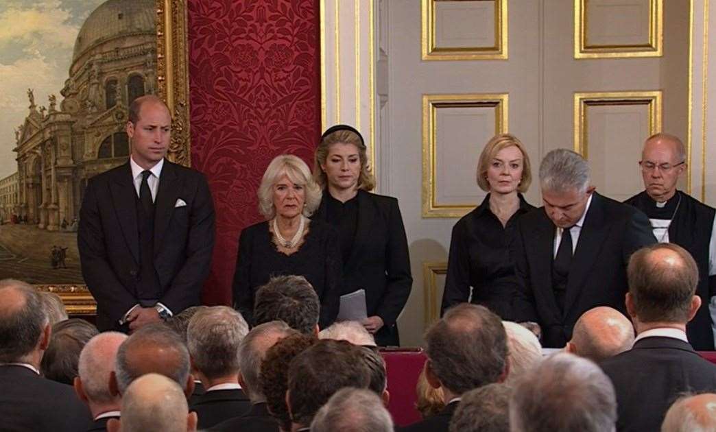 Members cheered "God Save the King" during a sombre ceremony attended by Prince William and the Queen Consort Camilla, as well as the Archbishop of Canterbury and former prime ministers. Picture: BBC
