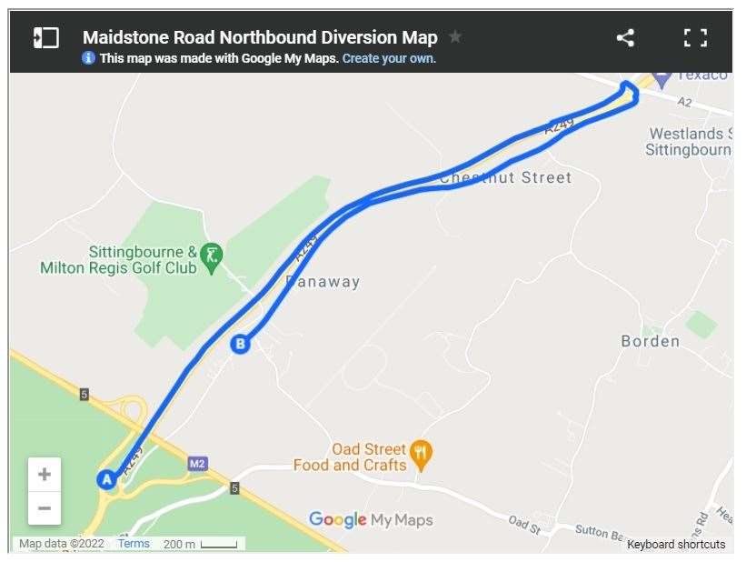 Maidstone Road northbound diversions during work on the A249 at Stockbury. National Highways