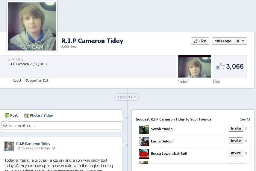 One of several Facebook tribute pages to Cameron Tidey