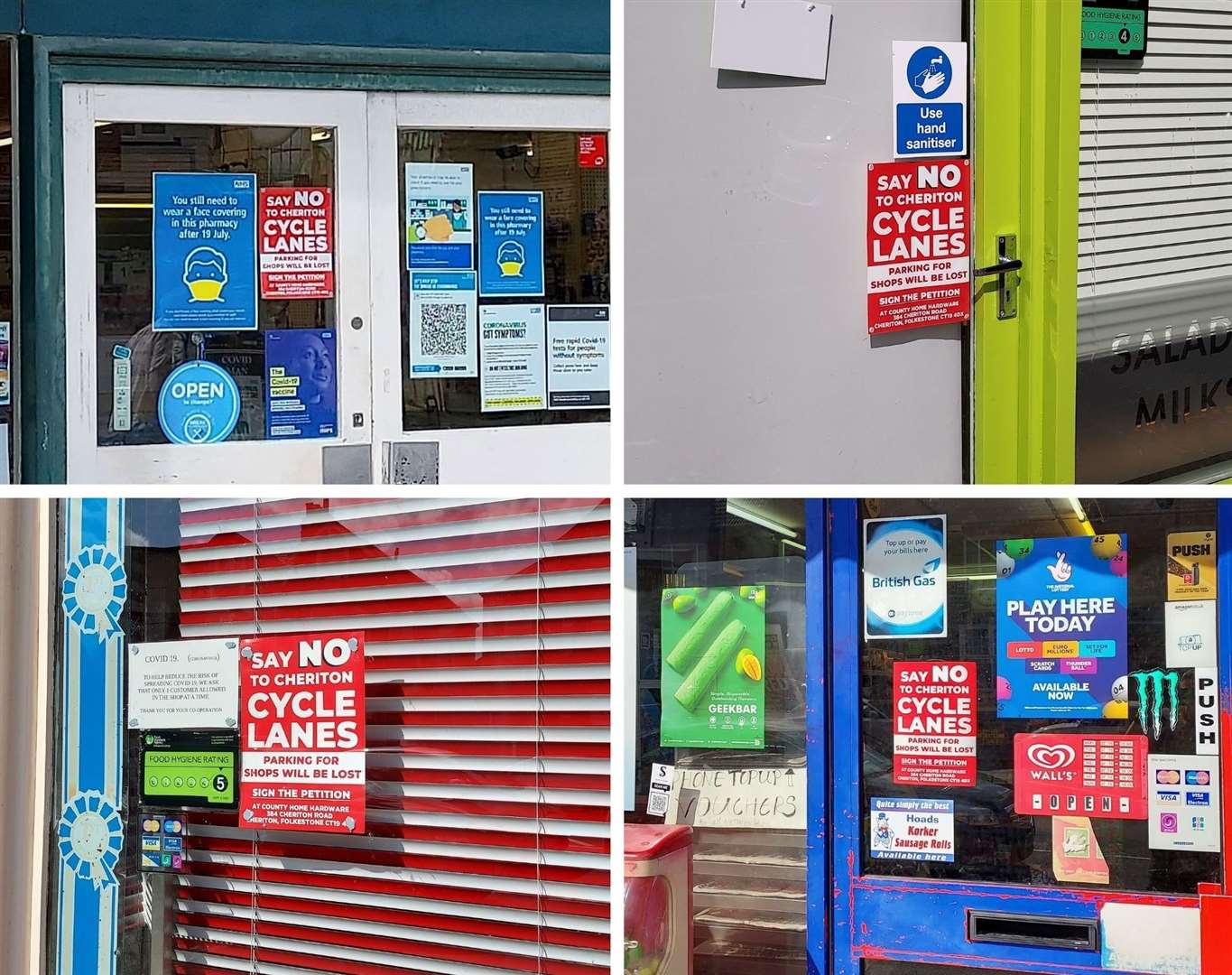 Posters opposing cycle lanes in Cheriton have appeared in shop windows