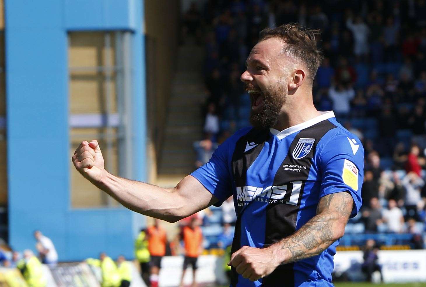Danny Lloyd celebrating his first for the Gills at the start of the season Picture: Andy Jones