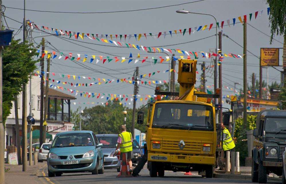 Bunting is put out in Leysdown ahead of the carnival Picture: Alex Goodspeed