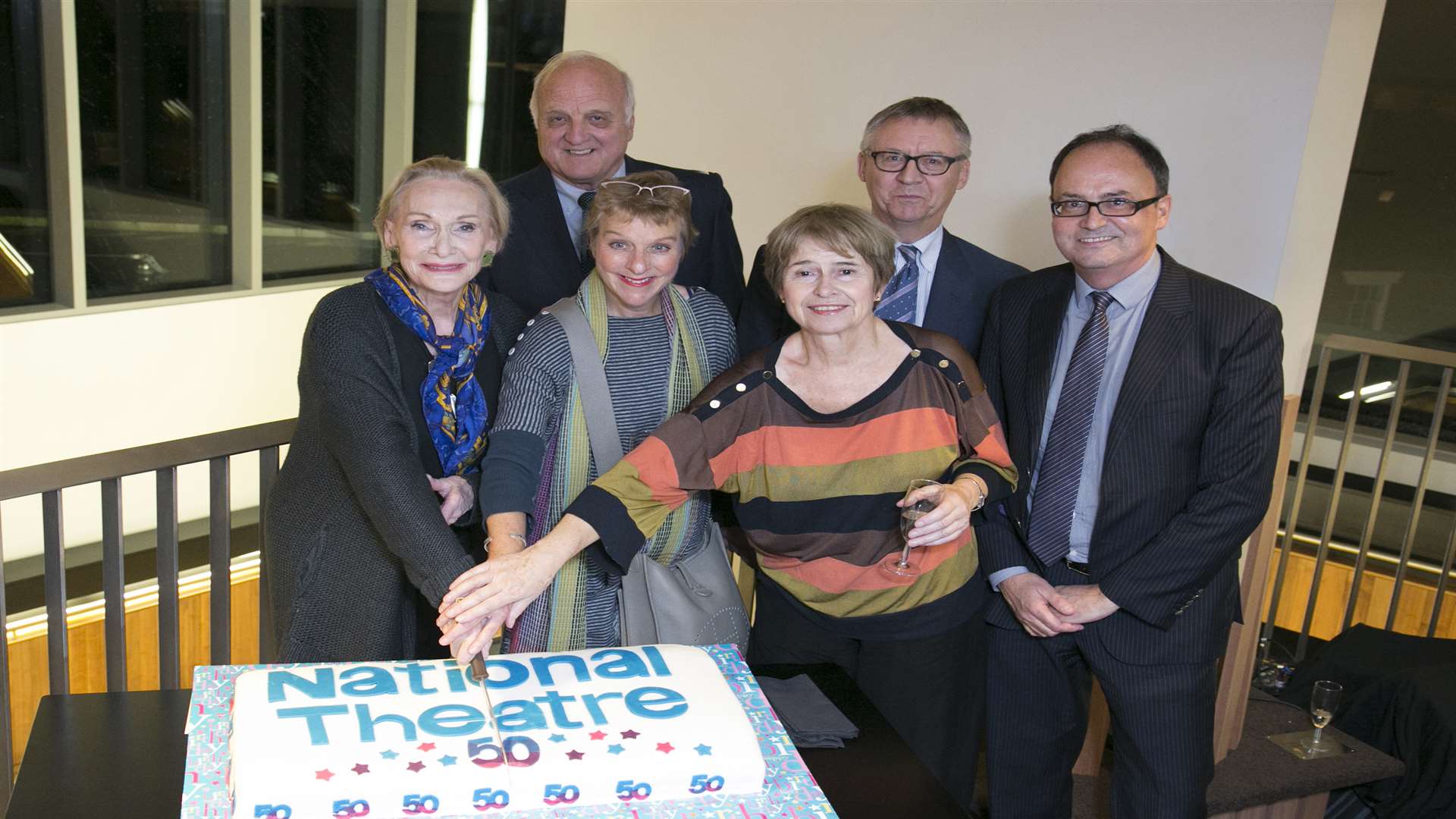 Siân Phillips, Selina Cadell, and Brigit Forsyth, with Canterbury city council leader John Gilbey, Marlowe Theatre director Mark Everett and National Theatre executive director Nick Starr