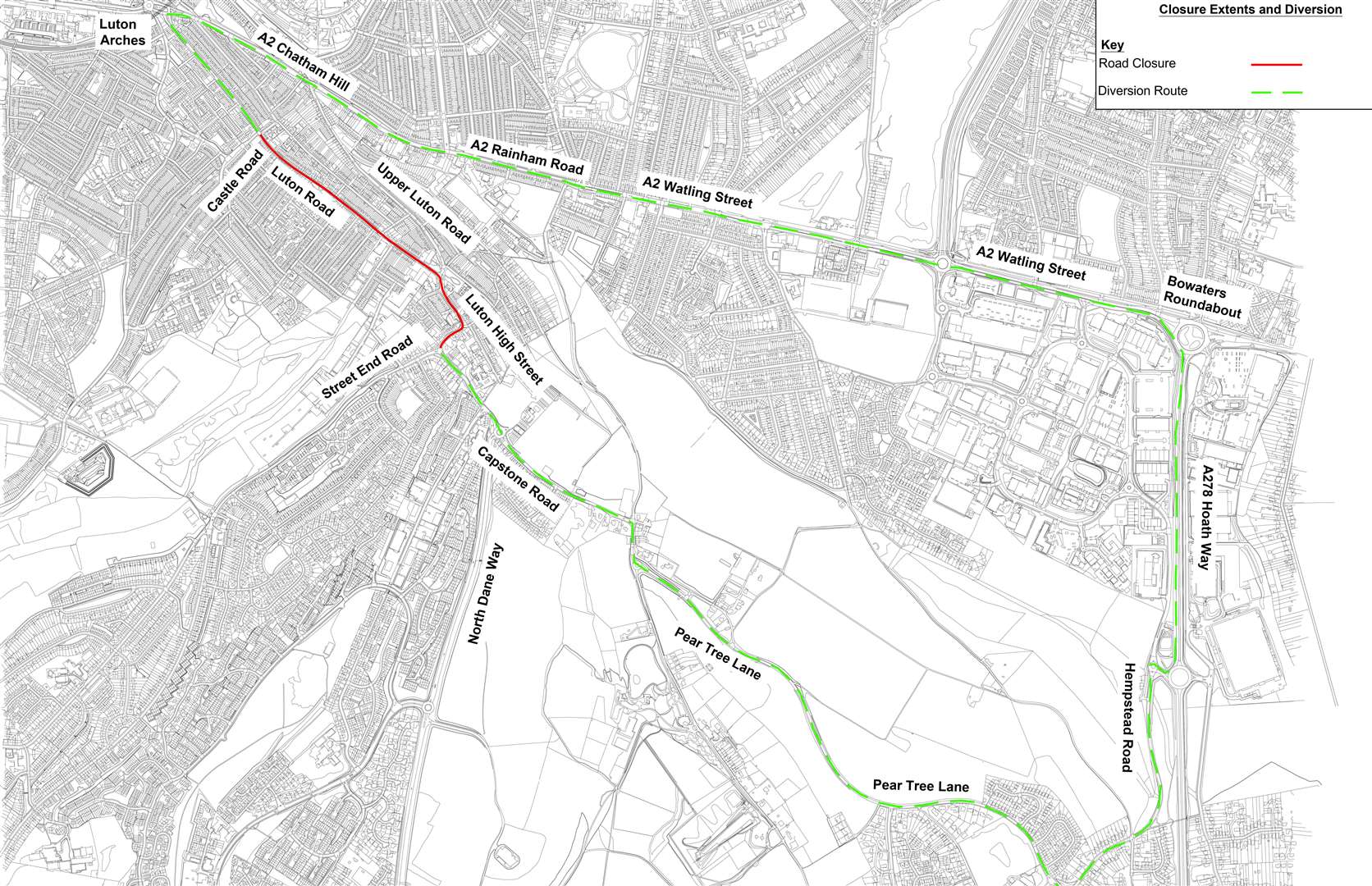 The diversion that will be in place when Luton Road is closed