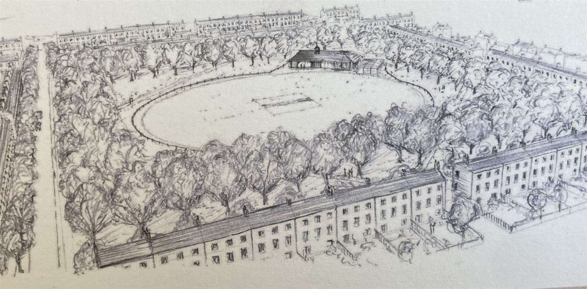 Drawing of central green and cricket pitch planned for Duchy of Cornwall development in Faversham