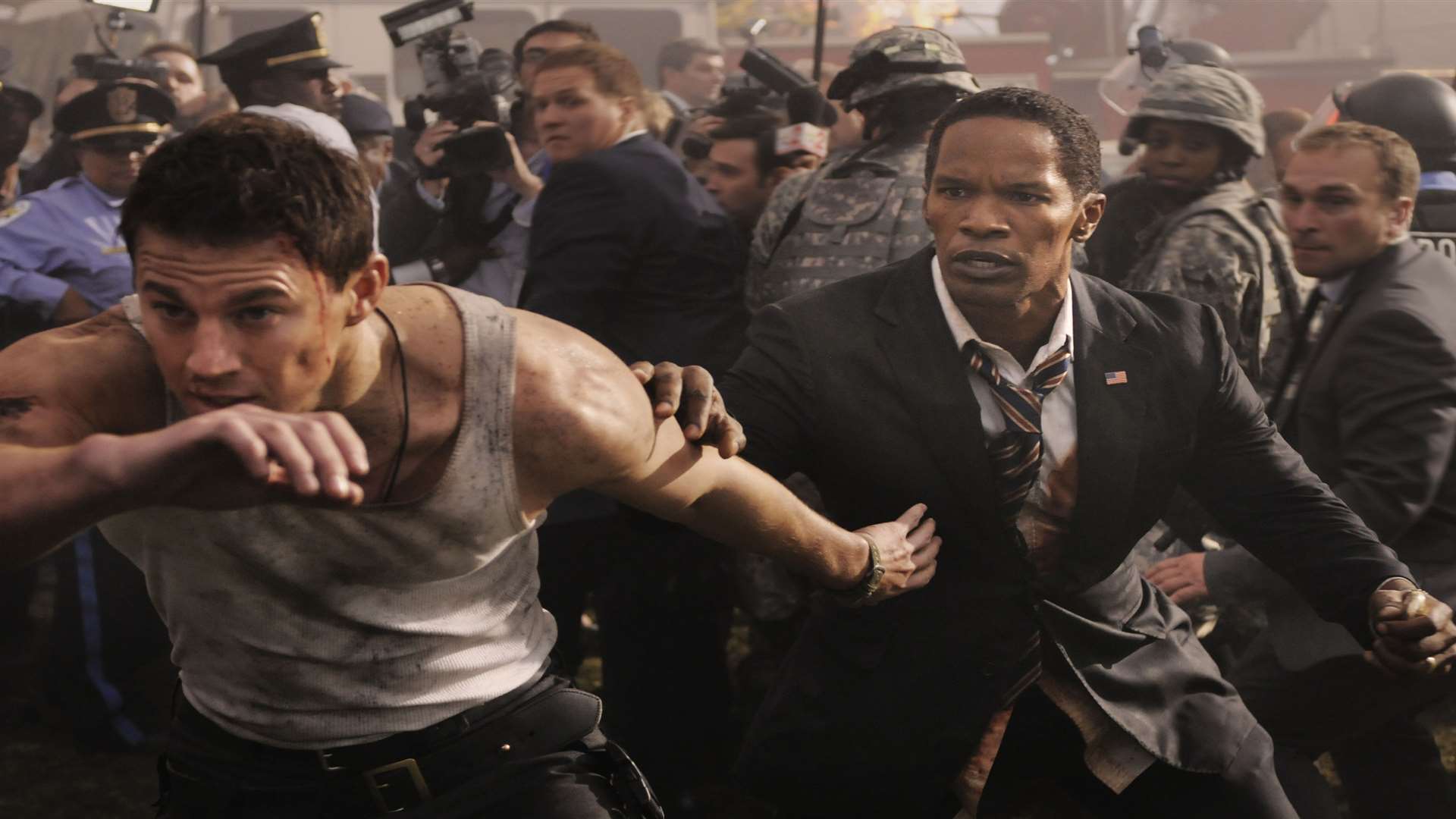 White House Down with Jamie Foxx as President Sawyer and Channing Tatum as Cale. Picture: PA Photo/Sony UK.