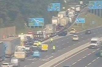 The car overturned on the London-bound carriageway of the M20 near Junction 4 for Snodland and Leybourne. Picture: Highways England
