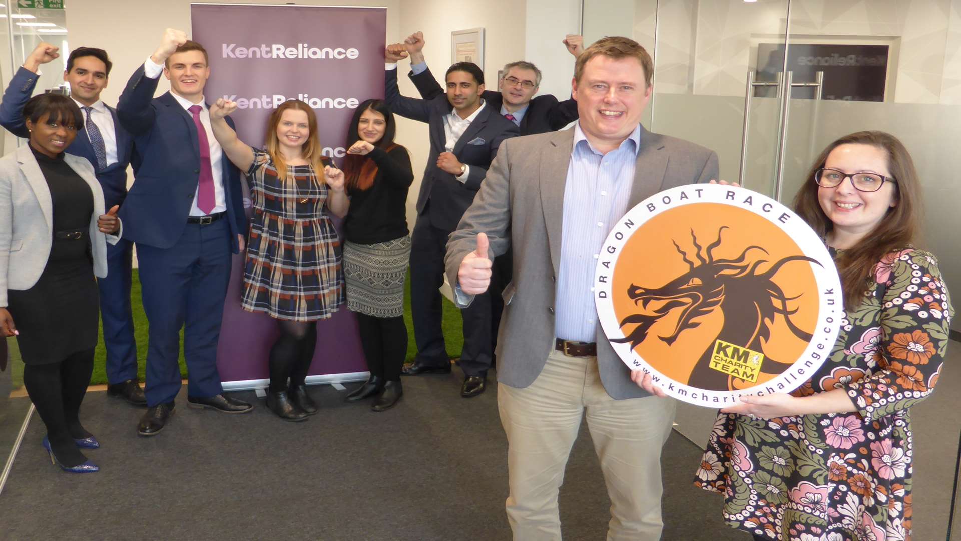Robert Gurr, Polly Viccars and staff at Kent Reliance announce support of the KM Dragon Boat 2016, staged at Moat Park, Maidstone on Sunday, July 3