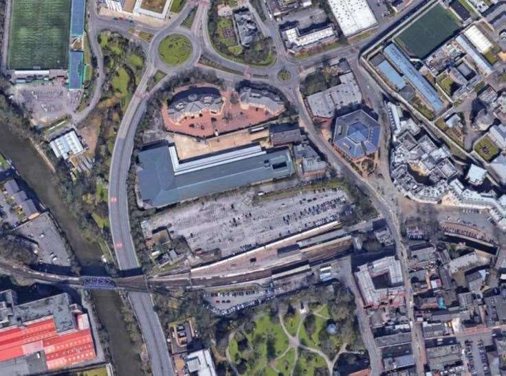 An aerial view of the site today – the redevelopment would be to the north of the station car park