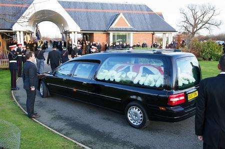Carl Davies' coffin arrives at the crematorium in Bobbing