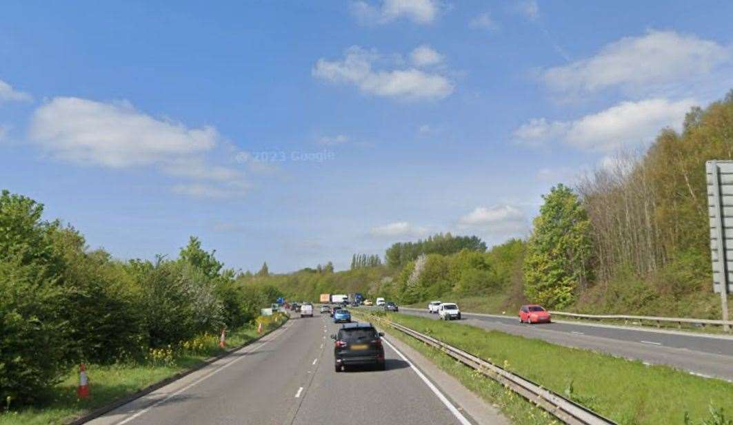 One lane was closed on the A249 southbound due to a broken-down vehicle towing a combine harvester. Picture: Google