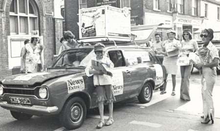 Bel Austin (far right) with other staff members promoting the Sittingbourne News Extra during the Sittingbourne Carnival in 1976.